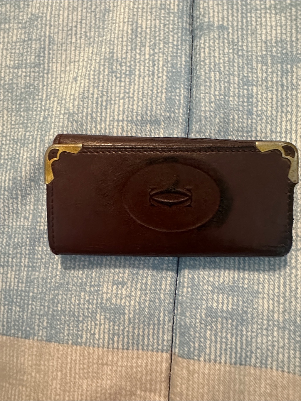 Cartier Dark Brown Leather Card Holder With Gold Corner Accents